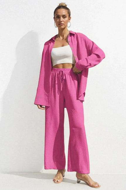 Button-Front Shirt & Wide-Leg Pants Set