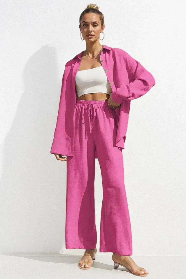 Button-Front Shirt & Wide-Leg Pants Set