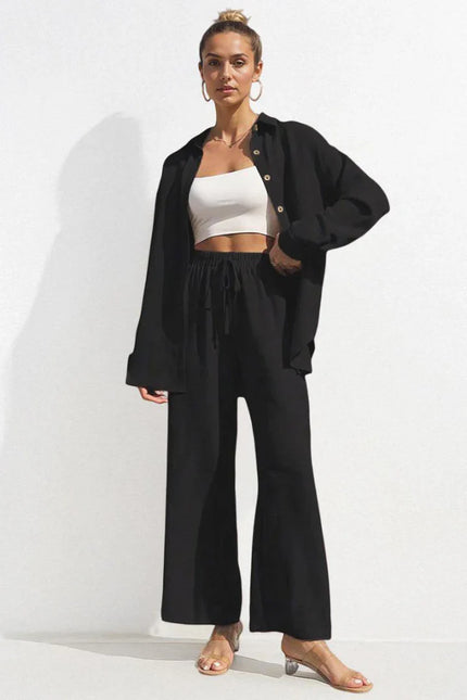 Button-Front Shirt & Wide-Leg Pants Set