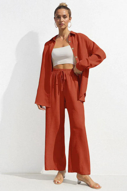 Button-Front Shirt & Wide-Leg Pants Set