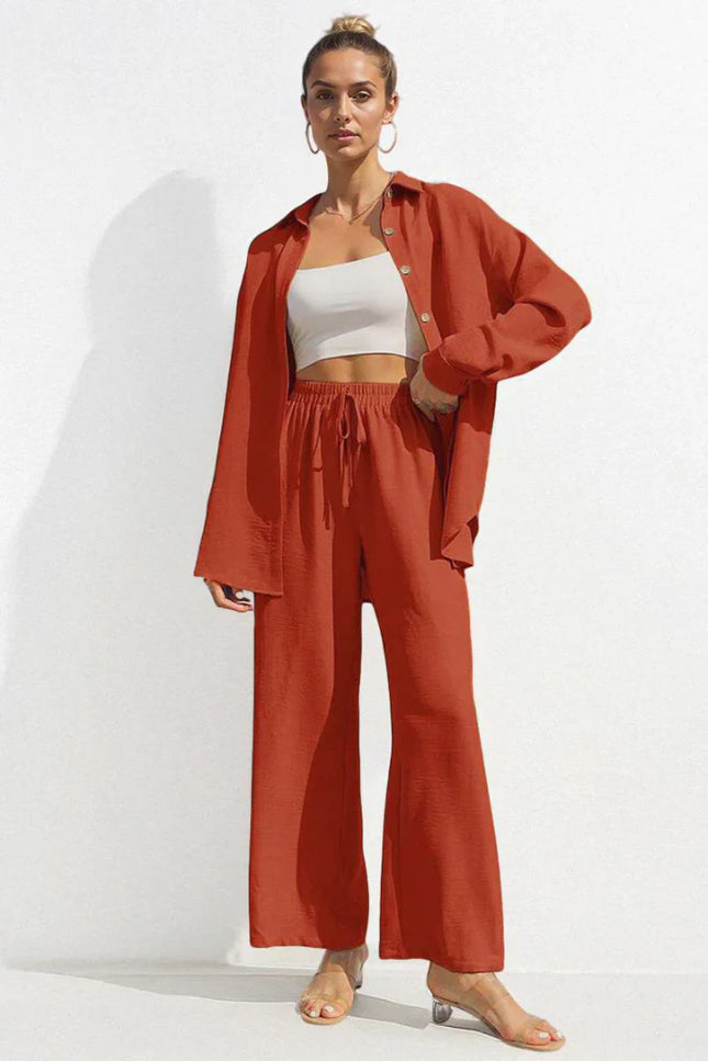 Button-Front Shirt & Wide-Leg Pants Set