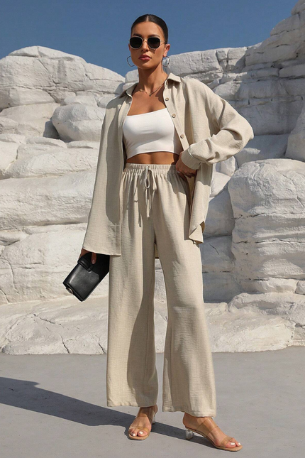 Button-Front Shirt & Wide-Leg Pants Set