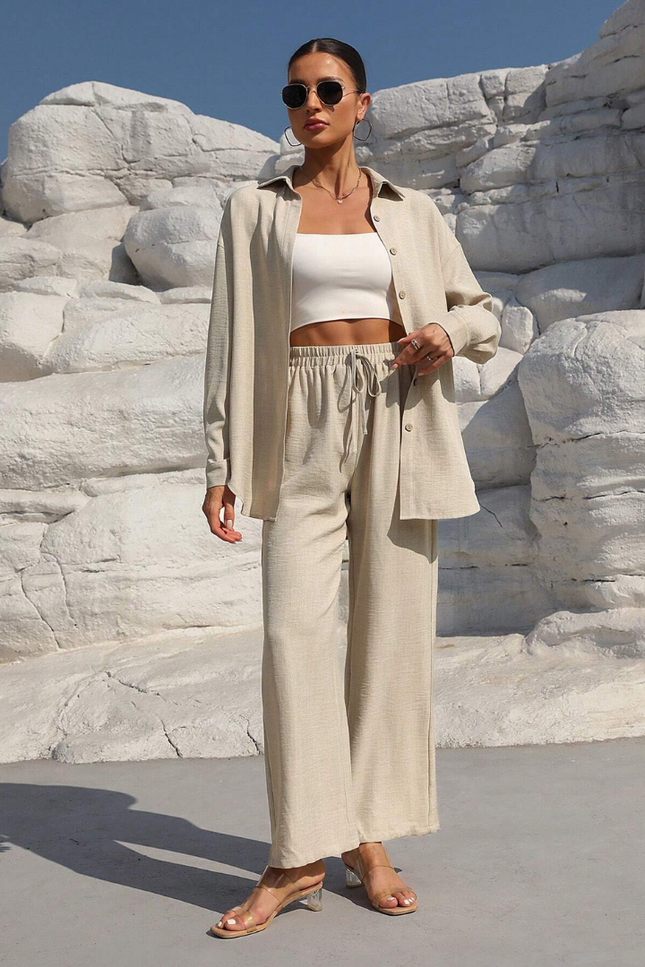 Button-Front Shirt & Wide-Leg Pants Set