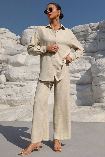 Button-Front Shirt & Wide-Leg Pants Set
