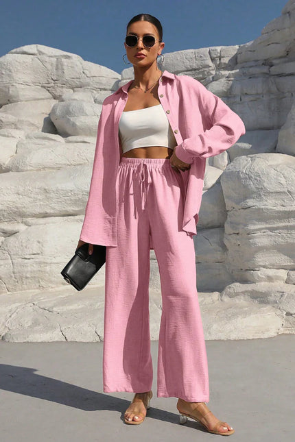 Button-Front Shirt & Wide-Leg Pants Set