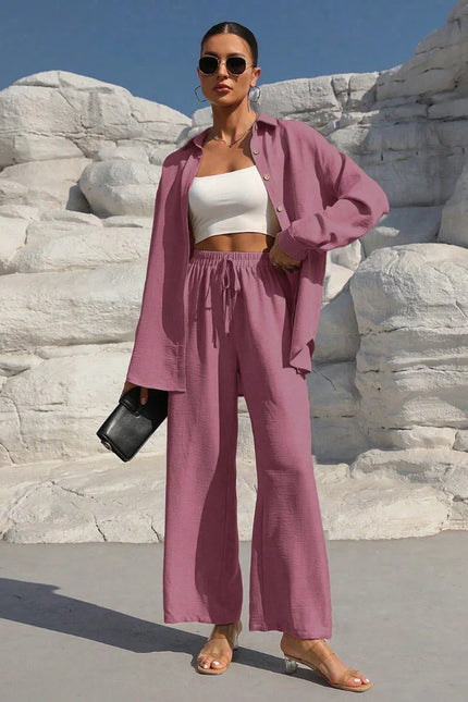 Button-Front Shirt & Wide-Leg Pants Set
