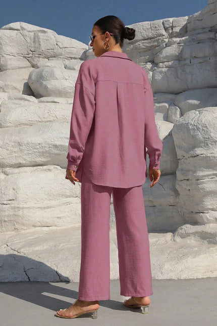 Button-Front Shirt & Wide-Leg Pants Set