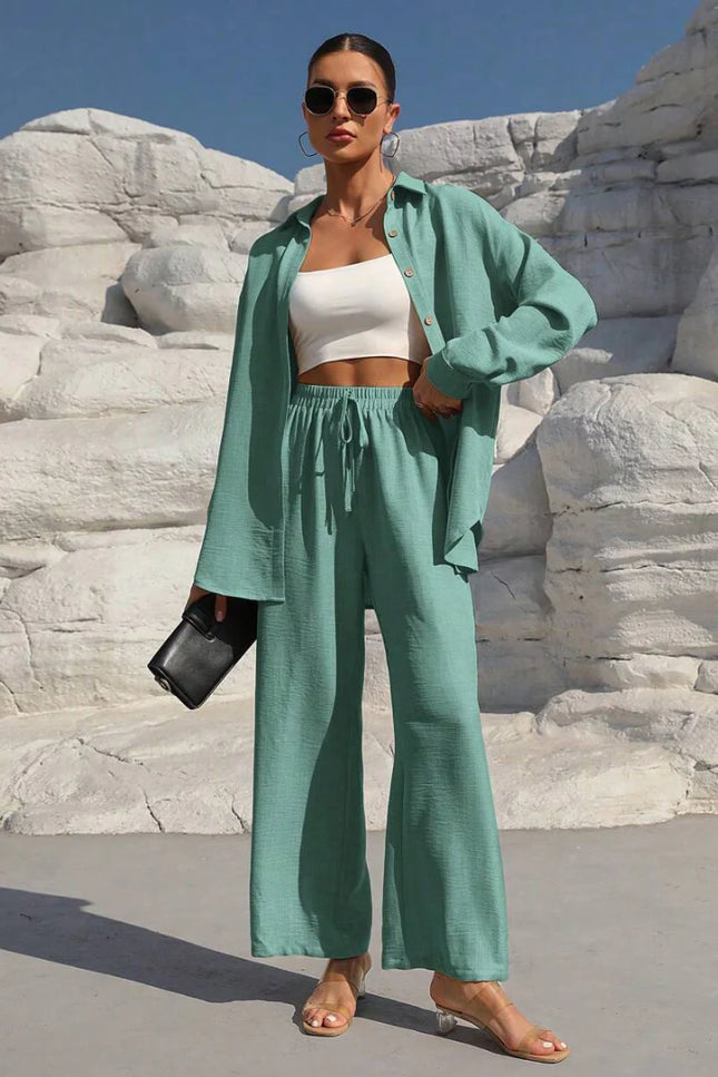 Button-Front Shirt & Wide-Leg Pants Set