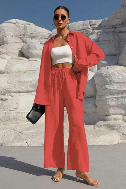 Button-Front Shirt & Wide-Leg Pants Set