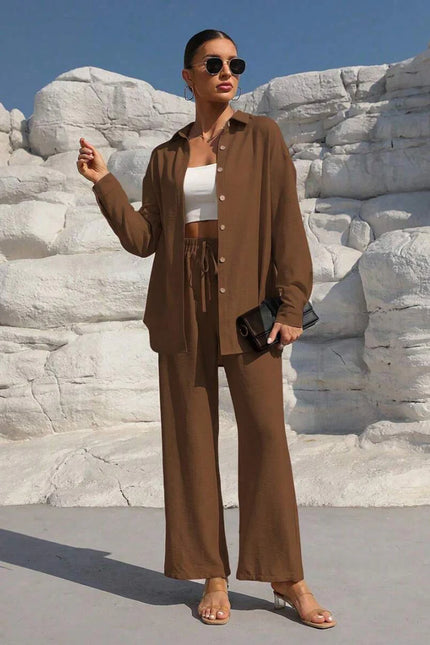 Button-Front Shirt & Wide-Leg Pants Set