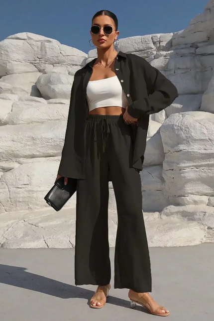 Button-Front Shirt & Wide-Leg Pants Set