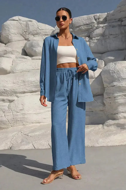 Button-Front Shirt & Wide-Leg Pants Set