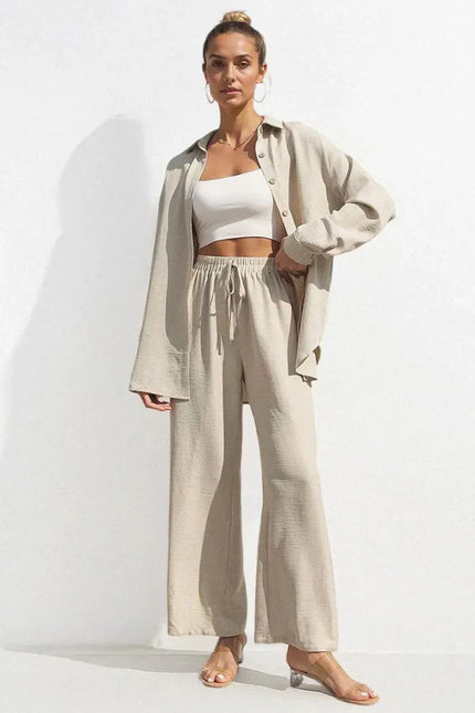 Button-Front Shirt & Wide-Leg Pants Set