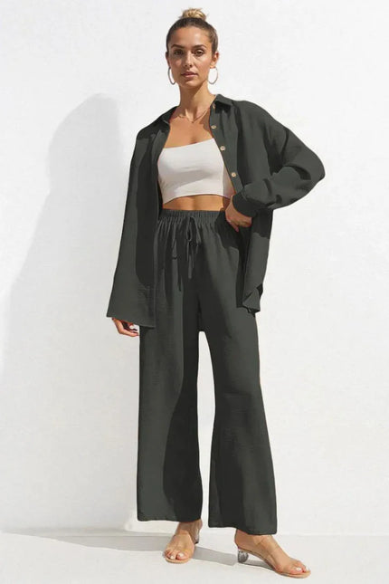 Button-Front Shirt & Wide-Leg Pants Set