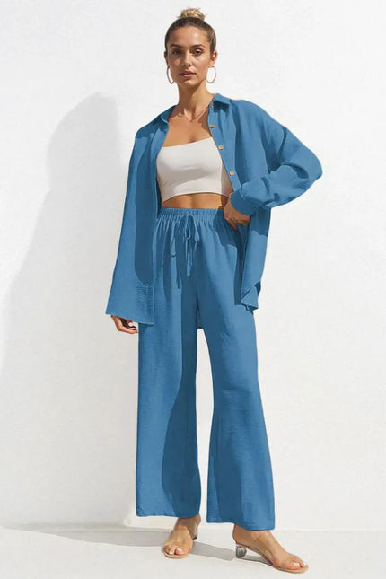 Button-Front Shirt & Wide-Leg Pants Set