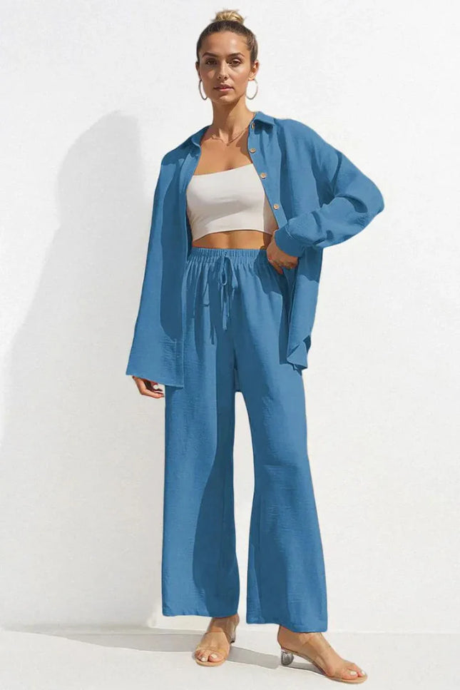 Button-Front Shirt & Wide-Leg Pants Set
