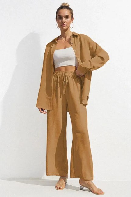 Button-Front Shirt & Wide-Leg Pants Set