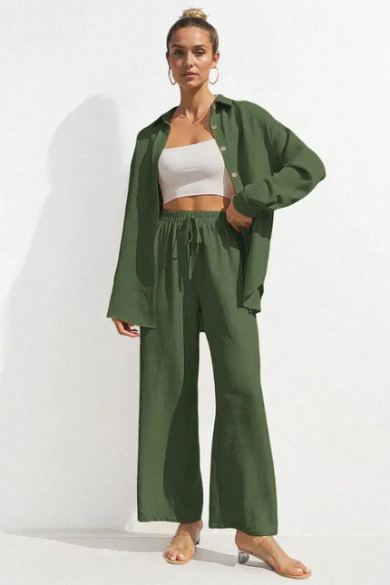 Button-Front Shirt & Wide-Leg Pants Set