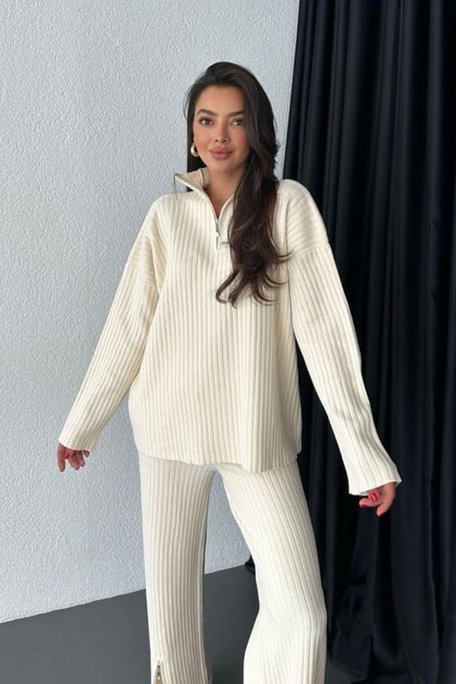 Ribbed Knit Two-Piece Set with Zipper Detail