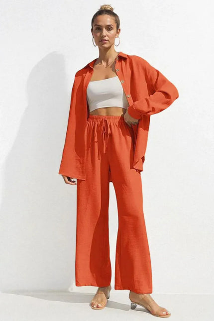 Button-Front Shirt & Wide-Leg Pants Set