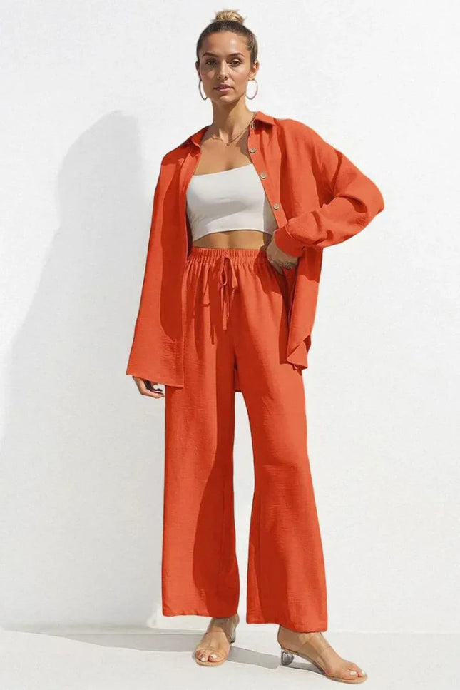 Button-Front Shirt & Wide-Leg Pants Set