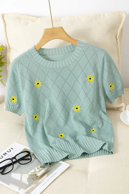 Striped Floral Embroidered Slim-Fit T-Shirt