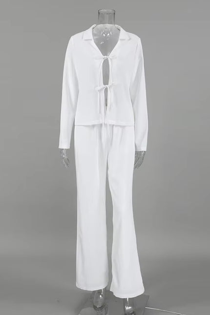 Lace-Up Shirt & Wide-Leg Pants Set