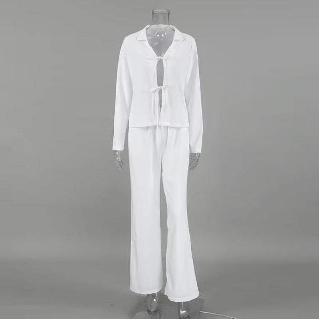 Lace-Up Shirt & Wide-Leg Pants Set