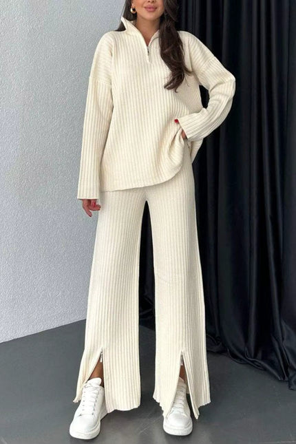Ribbed Knit Two-Piece Set with Zipper Detail