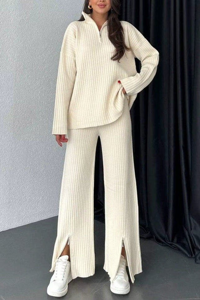 Ribbed Knit Two-Piece Set with Zipper Detail