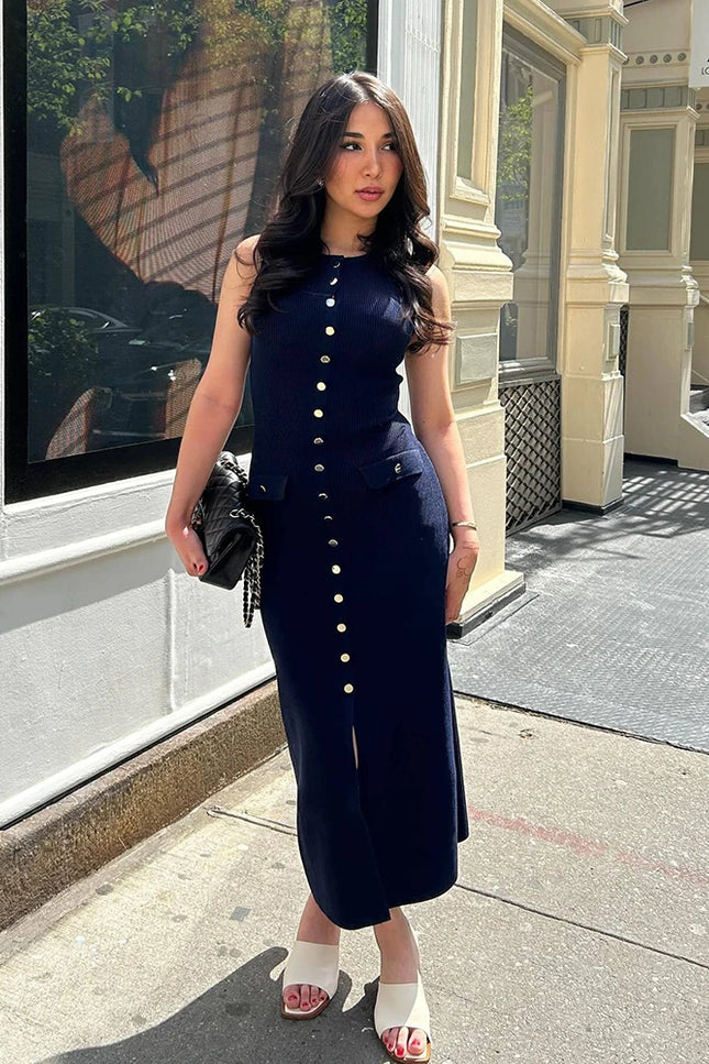 Sleeveless Button-Front Knit Maxi Dress