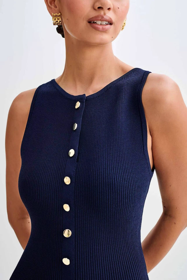 Sleeveless Button-Front Knit Maxi Dress