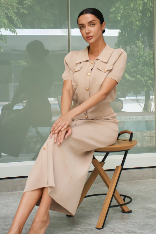 Elegant Short Sleeve Knit Blazer & Skirt Set - One Size (S-L)