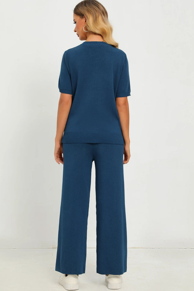 Two-Piece Knitted T-Shirt & Wide-Leg Pants Set