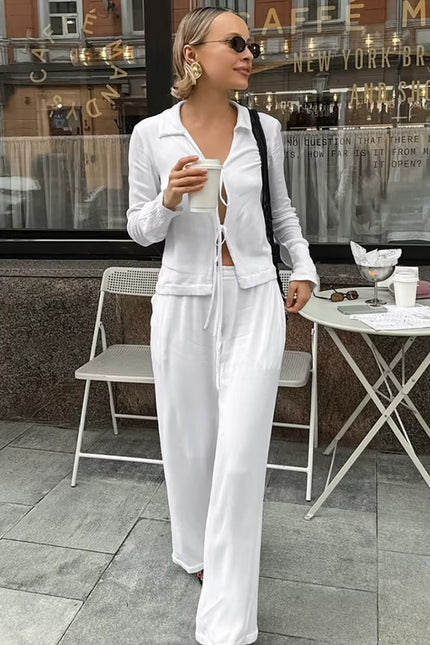 Lace-Up Shirt & Wide-Leg Pants Set