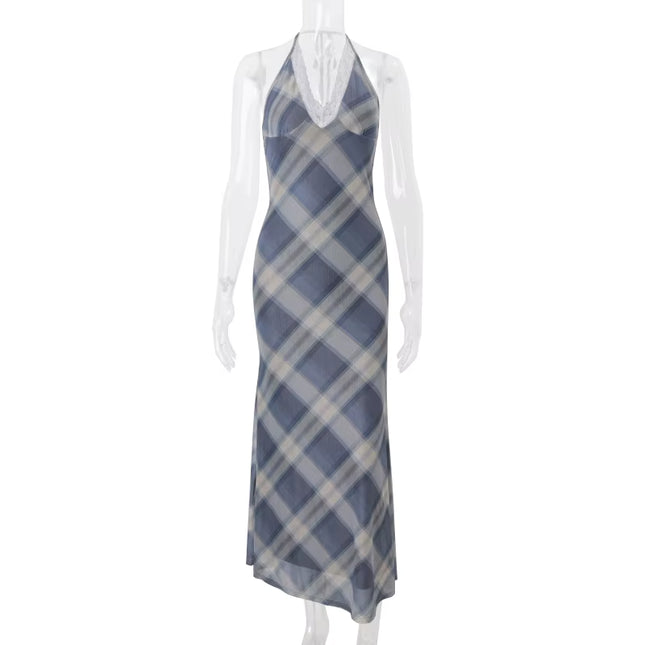 Lace Trim Plaid Maxi Dress
