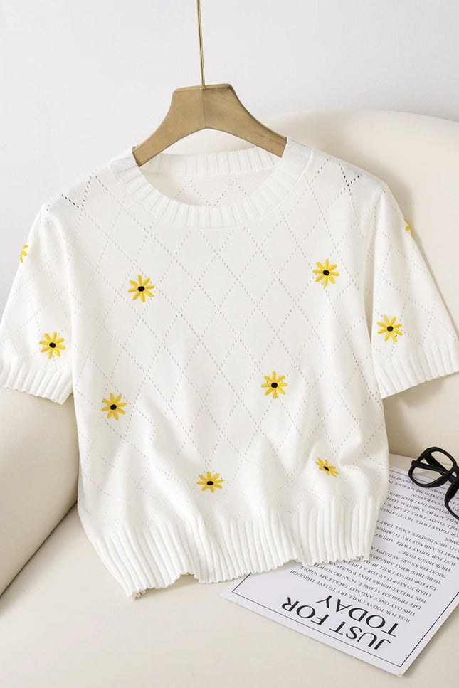 Striped Floral Embroidered Slim-Fit T-Shirt