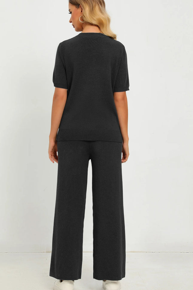 Two-Piece Knitted T-Shirt & Wide-Leg Pants Set