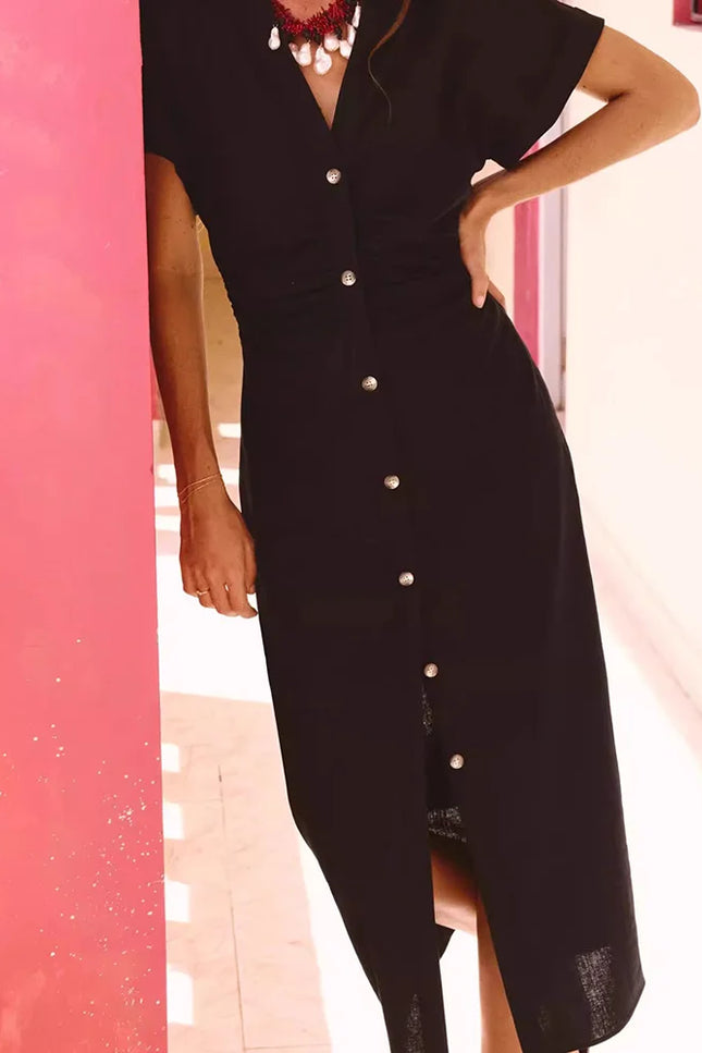 Button-Front Midi Dress