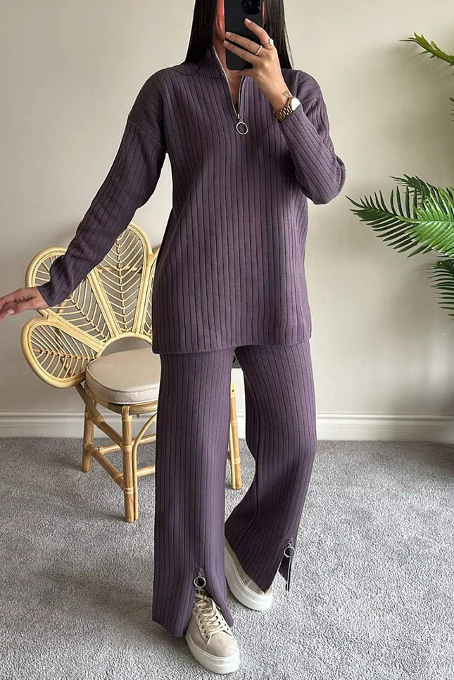 Ribbed Knit Two-Piece Set with Zipper Detail