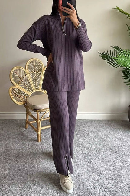 Ribbed Knit Two-Piece Set with Zipper Detail