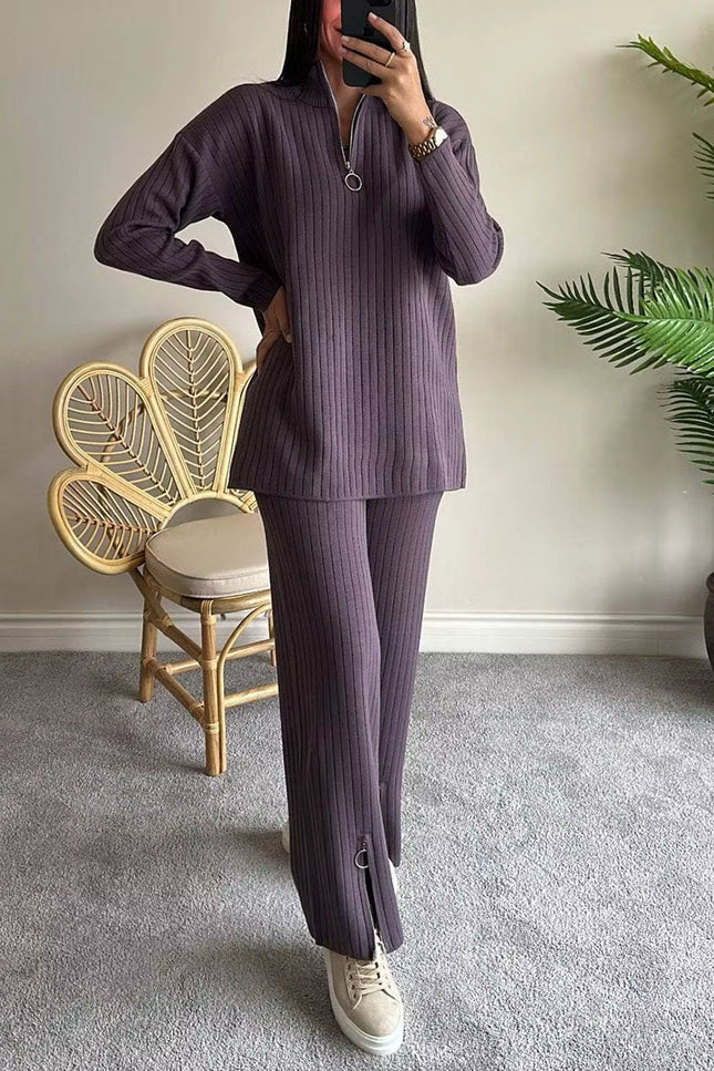 Ribbed Knit Two-Piece Set with Zipper Detail