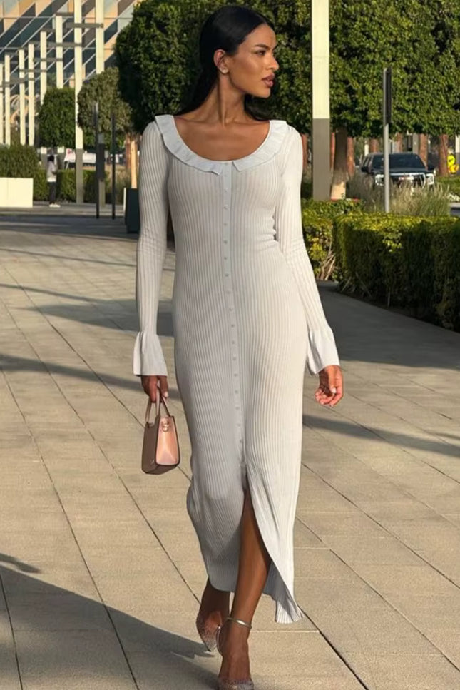 Ruffle Collar Knit Maxi Dress