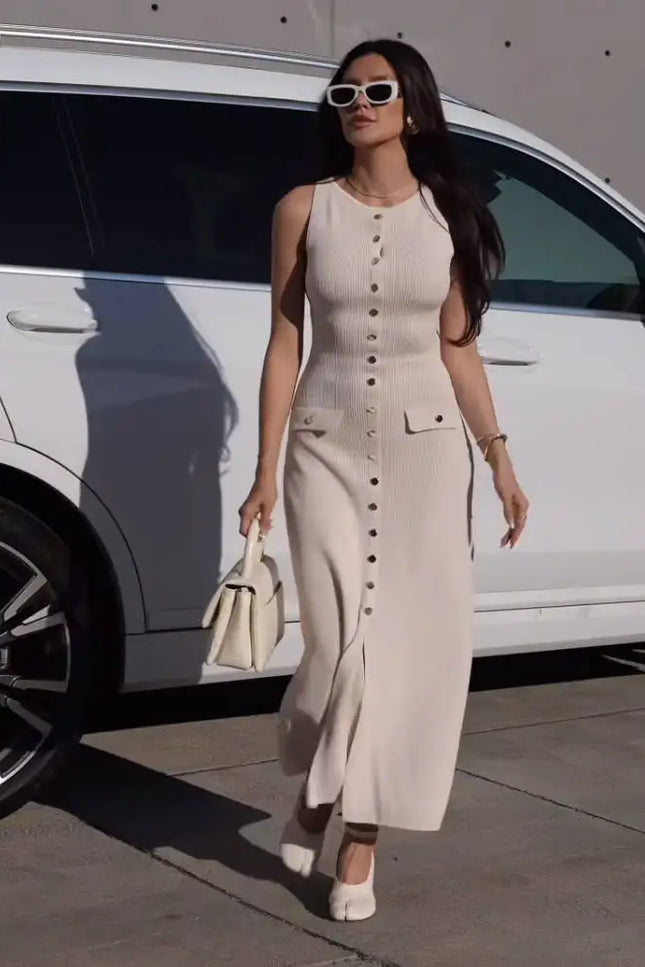 Sleeveless Button-Front Knit Maxi Dress