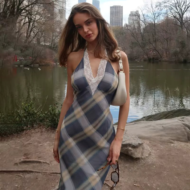 Lace Trim Plaid Maxi Dress