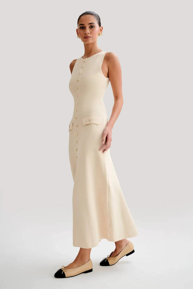 Sleeveless Button-Front Knit Maxi Dress