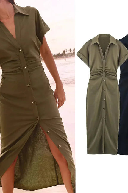 Button-Front Midi Dress