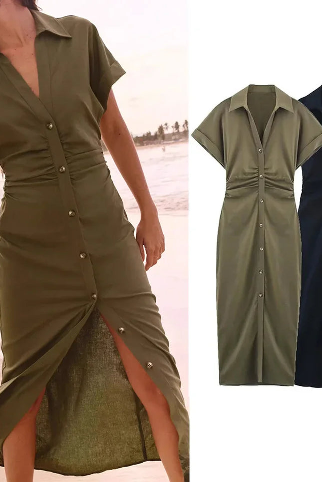 Button-Front Midi Dress