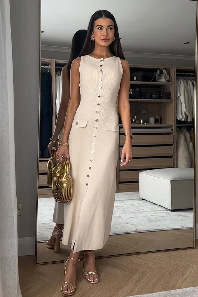 Sleeveless Button-Front Knit Maxi Dress