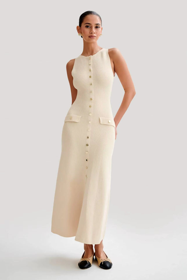 Sleeveless Button-Front Knit Maxi Dress